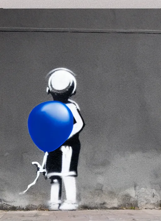 Prompt: a side profile of a black and white graffiti of boy holding a single dark blue balloon on a concrete background in the style of Banksy, graffiti, digital art