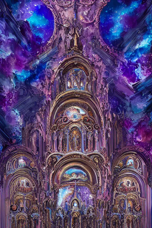 Image similar to intricately detailed calm warm terrifying forms and made of soft translucent blue and violet plastic, glowing cosmic nebulae in an ornate rococo cathedral, intricately detailed colorful modern style by Damien Hirst, Artstation