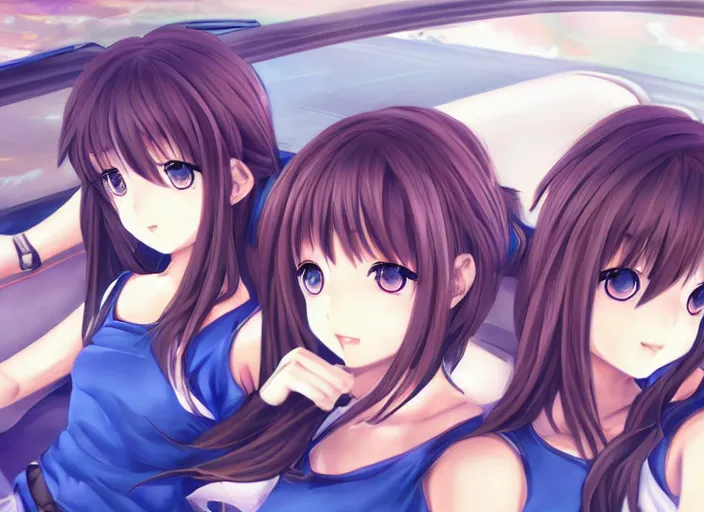 Image similar to anime car warp, 2 0 0 0 clannad shuffle toheart event'anime illustration japanese very very beautiful cute girls doing cute things trending on artstation pixiv makoto shinkai smiling super detailed eyes eyebrowless symmetry face visual novel hairpin star