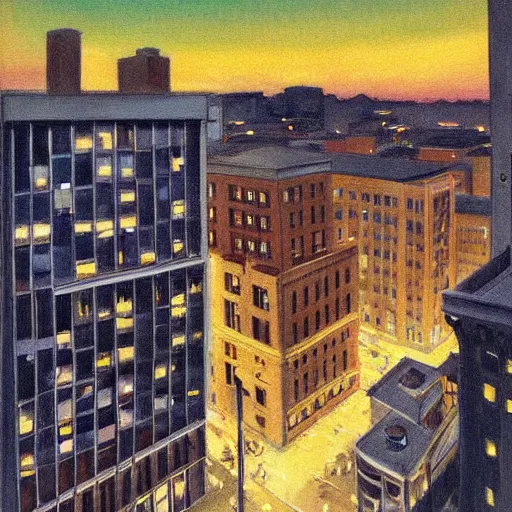 Image similar to full color ultra realistic painting of a balcony view of 1 9 2 5 boston downtown at night, the sky is distorted and broken like a smashed mirror, dark, brooding, night, atmospheric, ultra - realistic, smooth, highly detailed