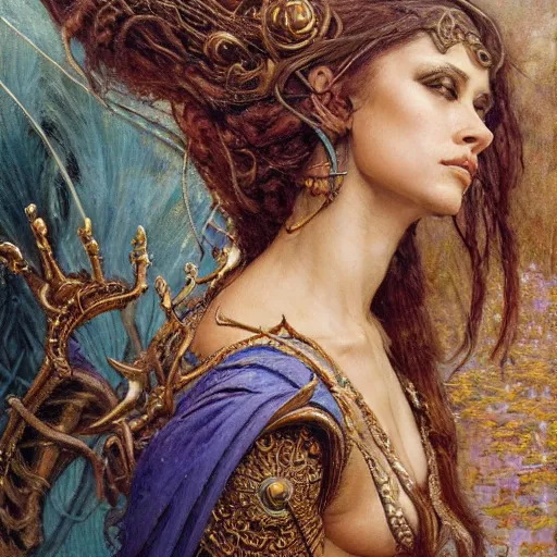 Prompt: intricate detail, hyper detail, by gaston bussiere, bayard wu, greg rutkowski, h. r. giger, greg rutkowski, sandro botticelli, lady of elche, techno mystic goddess princess intergalactica, goddess inanna, ashteroth, with aqua rapunzel dreadlocks, mami wata, detailed, masterpiece, sharp focus,