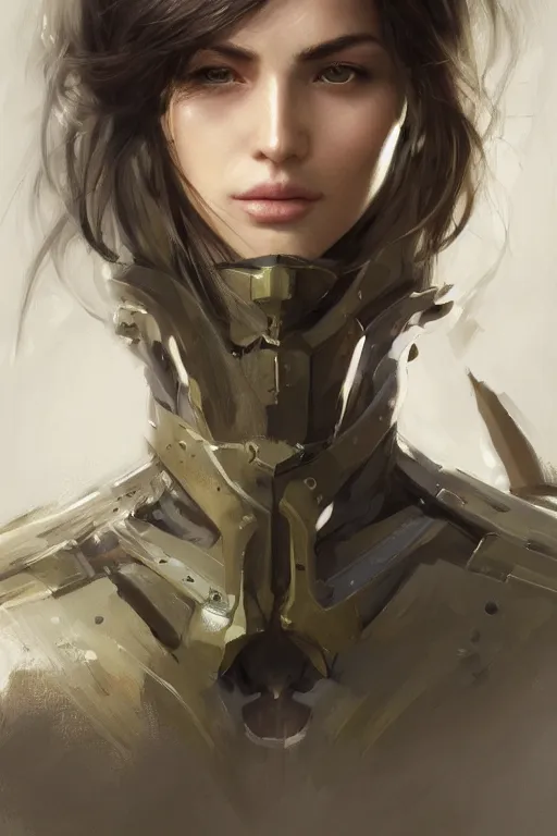 Image similar to a professionally painted portrait of an attractive young woman, clothed in military armor, olive skin, long dark hair, beautiful bone structure, symmetrical facial features, intricate, elegant, digital painting, trending on Artstation, concept art, smooth, sharp focus, illustration, from Metal Gear by Ruan Jia and Mandy Jurgens and Artgerm and William-Adolphe Bouguerea, award winning