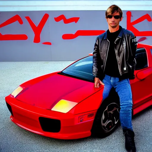 Prompt: kavinsky is standing by a red sports car
