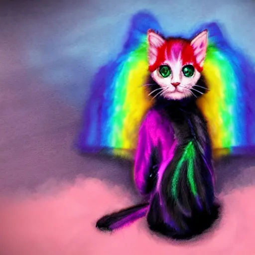 Image similar to wide angle full body, jacket wearing fluffy cute rainbow kitten wearing a black leather motorcycle jacket, cinematic concept art