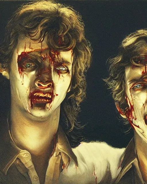 Prompt: two handsome but horrifying young men in layers of fear, with haunted eyes and wild hair, 1 9 7 0 s, seventies, wallpaper, a little blood, moonlight showing injuries, delicate embellishments, painterly, offset printing technique, by john howe, brom, robert henri, walter popp