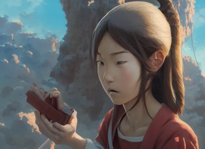 Image similar to a 3 d film animation still portrait of a 2 0 4 0's manga heroine, finely detailed features, sun light, painted by greg rutkowski, akira toriyama studio ghibli