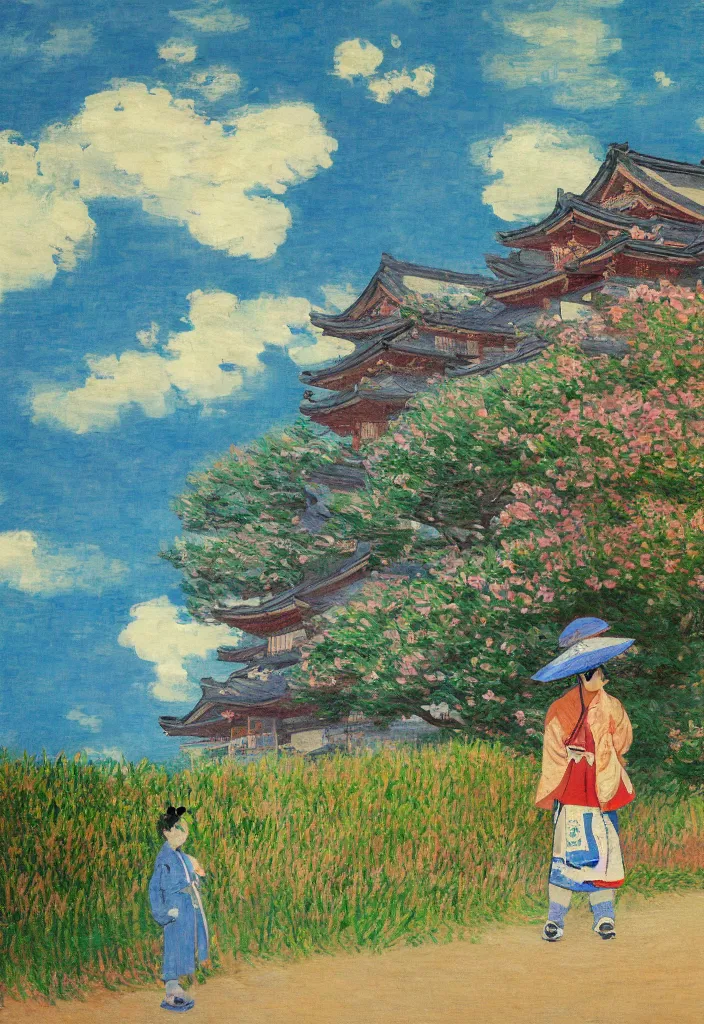 Prompt: tiny samurai in front of a futuristic japanese country side landscape, edo era house in the background, blue sky, magnificient clouds, lofi vibe, vivide colors, amazing light, really beautiful nature, oil painting, impressionist style, by claude monet, by ghibli, abstract kandinsky elements, multiple brush strokes, masterpiece