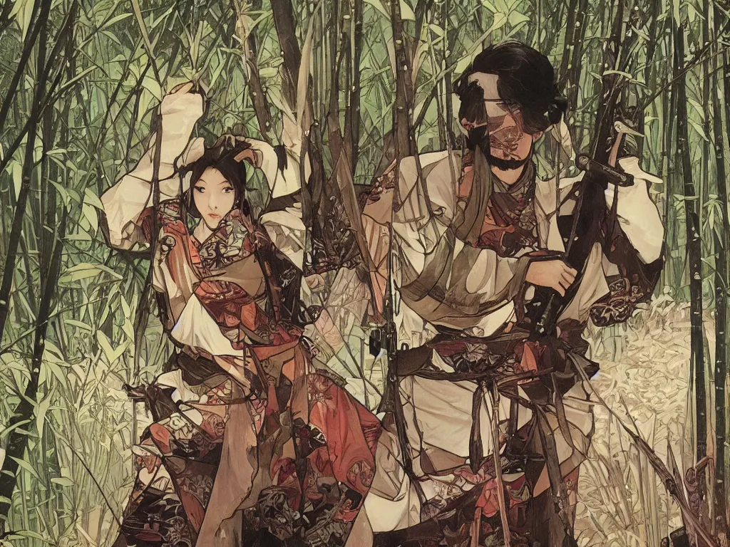 Image similar to a wandering samurai in full armor sitting in a dark bamboo forest, by fiona staples, range murata, alphonse mucha