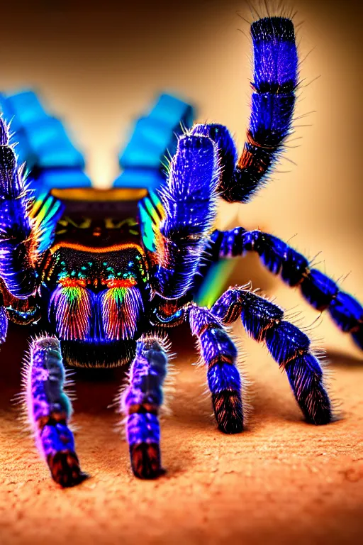 Image similar to high quality macro photo iridescent tarantula! jewelled supercute! highly detailed david ligare elson peter cinematic blue neon lighting high quality low angle hd 8k sharp shallow depth of field