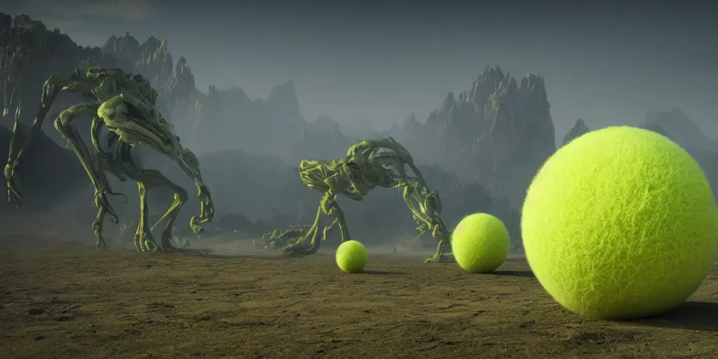 Image similar to a cinematic poster photo of 8 k ultra realistic tennis ball monsters, exotic, cinematic lighting, trending on artstation, 4 k, hyperrealistic, focused, high details, unreal engine 5, cinematic, alien planet atmosphere in background, 3 d render by beeple