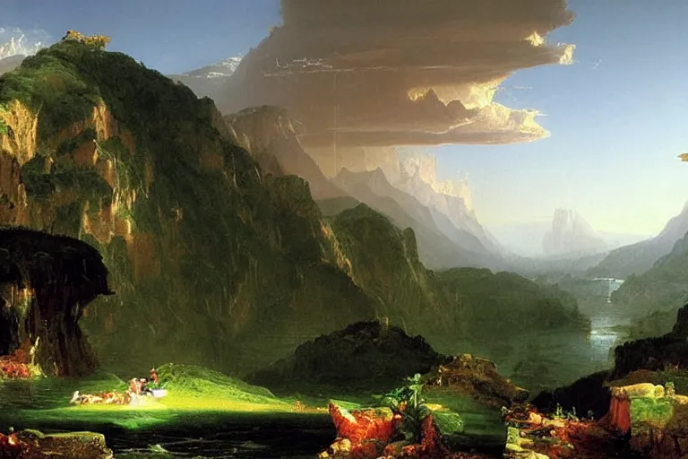 Prompt: there is another world very close to ours that we don't perceive directly, but they do interact sometimes. painting by thomas cole ( 1 8 3 3 )