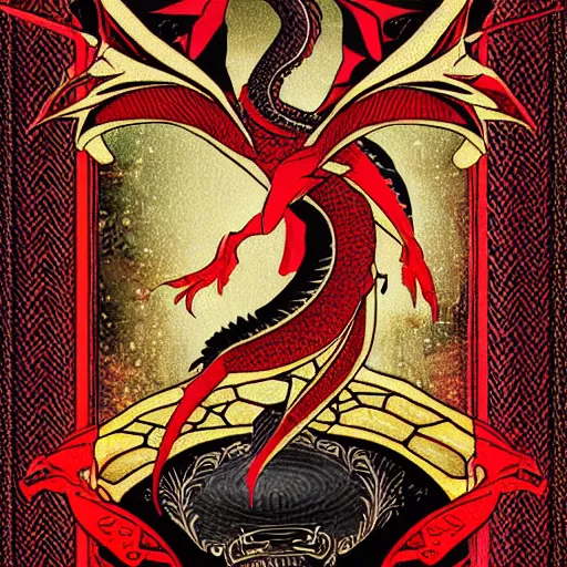 Prompt: tarot card of a dragon, meaning confidence and riches in the future, modern design, digital art, stylish, black and red