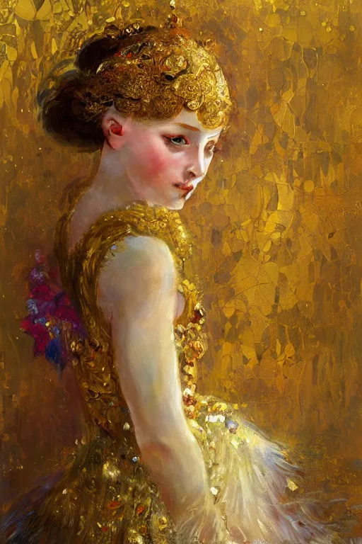 Image similar to an intricate painting of a beautiful young ballerina covered in silk clothes with klimt golden motives and textures, hyper detailed, ornamental gold headpiece, octane render, vivid colors, artstation, by jeremy mann, by alphonse mucha, by boris vallejo