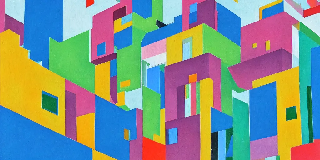 Image similar to colorful painting of tel aviv bauhaus architecture in the style of henri matisse