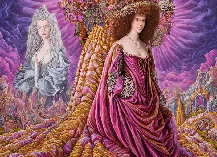 Image similar to beautiful oil painting, full length portrait of Emma Watson as Louis xiv in coronation robes 1701, Dan Mumford, Dan Mumford, Alex grey, Alex grey, highly detailed , lsd visuals, dmt fractal patterns, hallucinogen, visionary art, psychedelic art, ornate, vaporwave, baroque