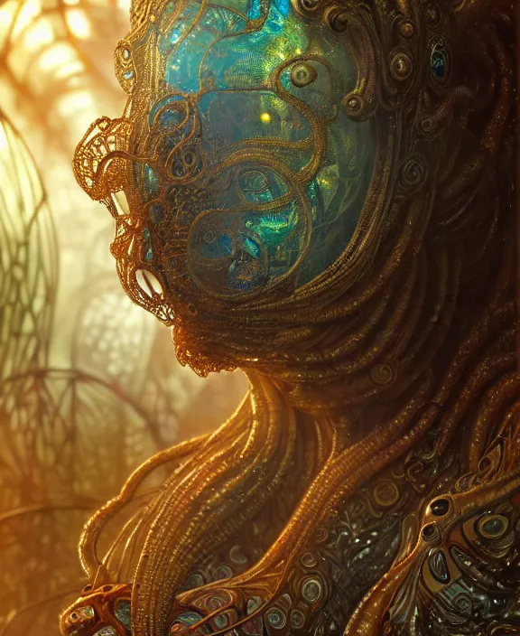 Image similar to intricate ornate opulent transparent clear see - through lava portrait of a terrifying beautiful male alien rat, mottled coloring, adorable, childlike, overgrown jungle environment, ultra realistic, concept art, art nouveau, photorealistic, octane render, 8 k, unreal engine. art by christopher marley and artgerm and greg rutkowski and alphonse mucha