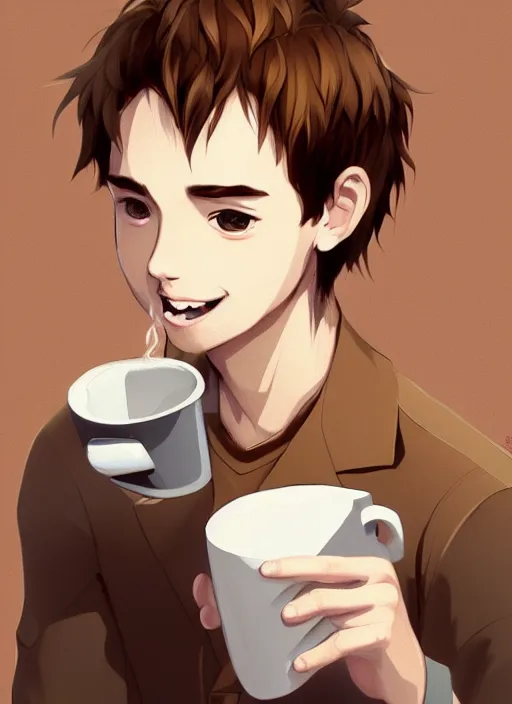 Image similar to a white young man drinking from a coffee cup, which is a brown flower, big smile, prominent big eyes, wise forehead, big lips, round portruding chin, background full of brown flowers, standout colours, thin sharp lines, digital painting, artstation, matte, sharp focus, illustration, realistic anime artstyle