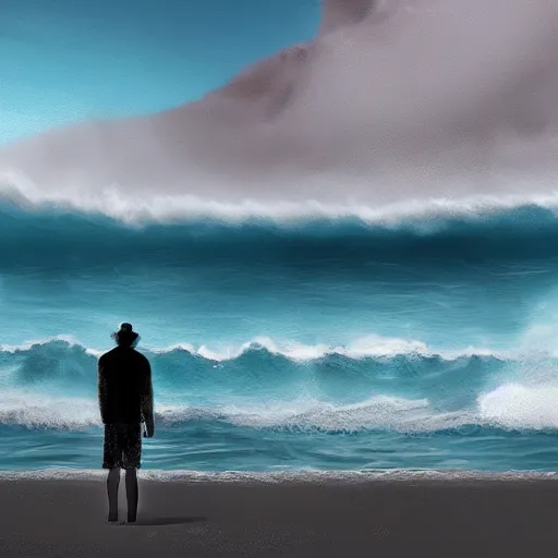 Image similar to A lone man at the beach watching the tsunami wave forming on the horizon, top post of /r/ConceptArt subreddit