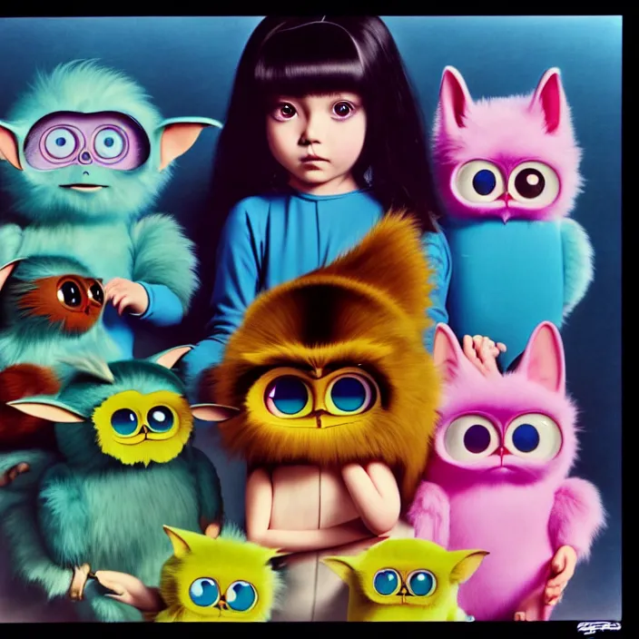 Prompt: 1 9 7 5 color animation film - cel of a girl with her pet furbys, oil painted onto transparent glass by ross tran, katsuhiro otomo, yoshitaka amano, and artgerm. 3 d shadowing effect!!!, 8 k resolution!!!