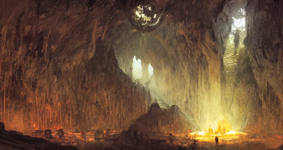Image similar to looking up an ancient subterranean complex in middle - earth, comprising a vast labyrinthine network of tunnels, chambers, mines and halls, intricate, vivid colors, elegant, highly detailed, john park, frazetta, john howe, ruan jia, jeffrey catherine jones