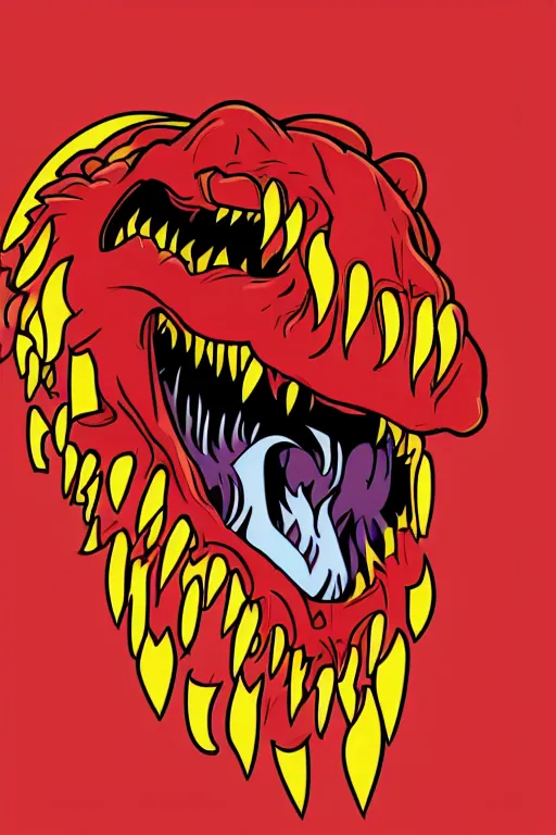 Image similar to Evil t-rex, the devil, sticker, blood thirsty, spawn of Satan, burning in hell, blood, evil, colorful, illustration, highly detailed, simple, smooth and clean vector curves, no jagged lines, vector art, smooth