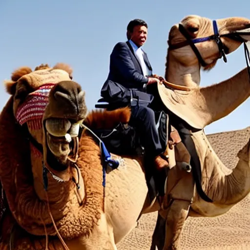 Prompt: matteo renzi crossing the desert on a camel with snoop dogg