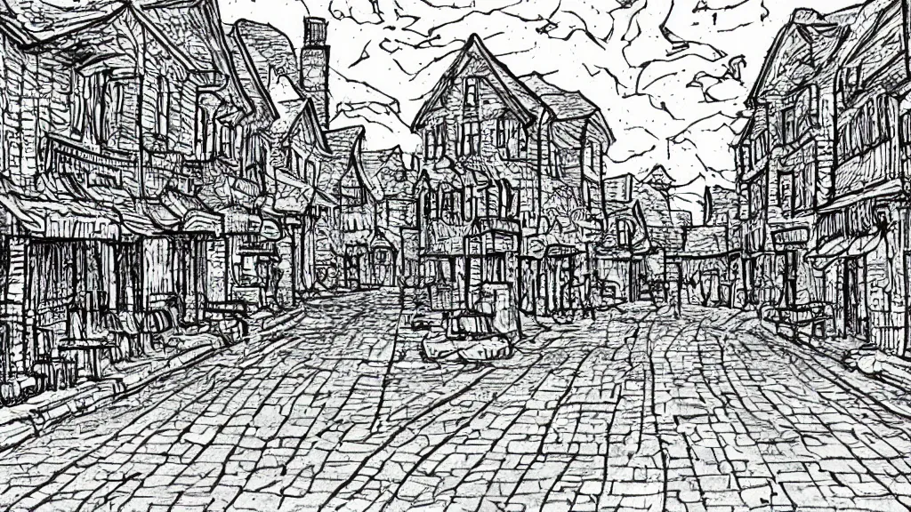Prompt: a street of a small town. hatching art style.
