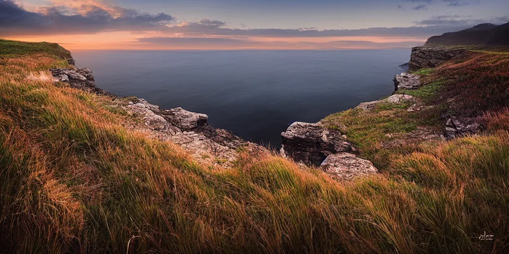 Prompt: Field on the edge of a cliff overlooking the ocean at midnight by Jessica Rossier