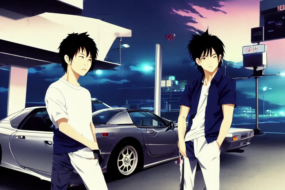 Image similar to aesthetic illustration of very serious ryosuke takahashi with black hair wearing a dark blue shirt and white pants stands near mazda rx 7 on an empty gas station at dusk, initial d anime 1 0 8 0 p, detailed anime face, high detail, 9 0 s anime aesthetic, volumetric lights, unreal engine 5 render, pinterest wallpaper, trending on artstation