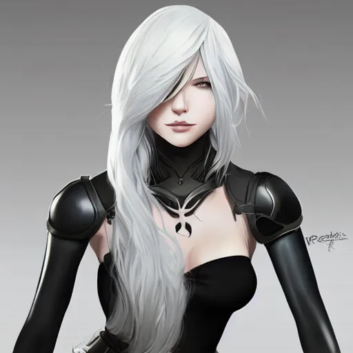 Image similar to A2 from nier automata, long white hair, slim build, fair skin, dynamic pose, smooth, beautiful, elegant, high detailed, artstation, digital illustration, splash art, fanart by artgerm, ross draws