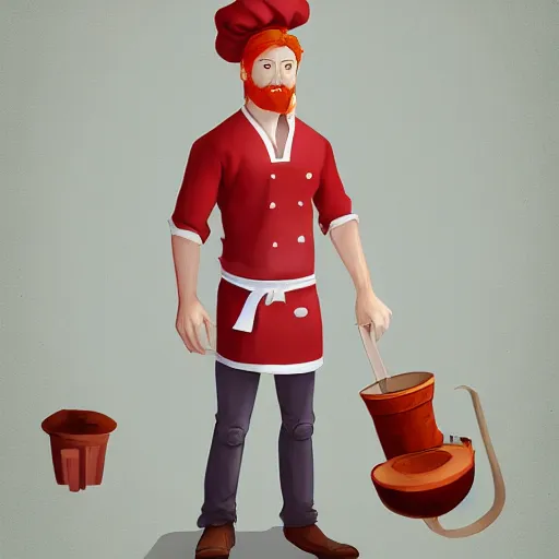 Prompt: red headed man wearing a white chef\'s apron, full body, no beard, dungeons and dragons character art, trending on artstation