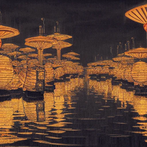 Image similar to concept art, river lanterns on the eve of ullambana festival, high resolution, by james gurney, katsushika hokusai, fujishima takeji, hiroshi yoshida, artstation