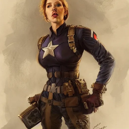 Image similar to captain america played by by scarlett johansson wearing steampunk outfit, face portrait, hd shot, digital portrait, elegant, beautiful, fantasy art, artstation, comic style, by artgerm, guy denning, jakub rozalski, magali villeneuve and charlie bowater