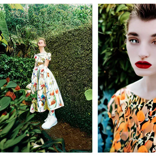 Image similar to realistic photoshoot for a new balenciaga lookbook, color film photography, portrait of a beautiful person, in style of Campbell Addy, location in a garden, 35mm