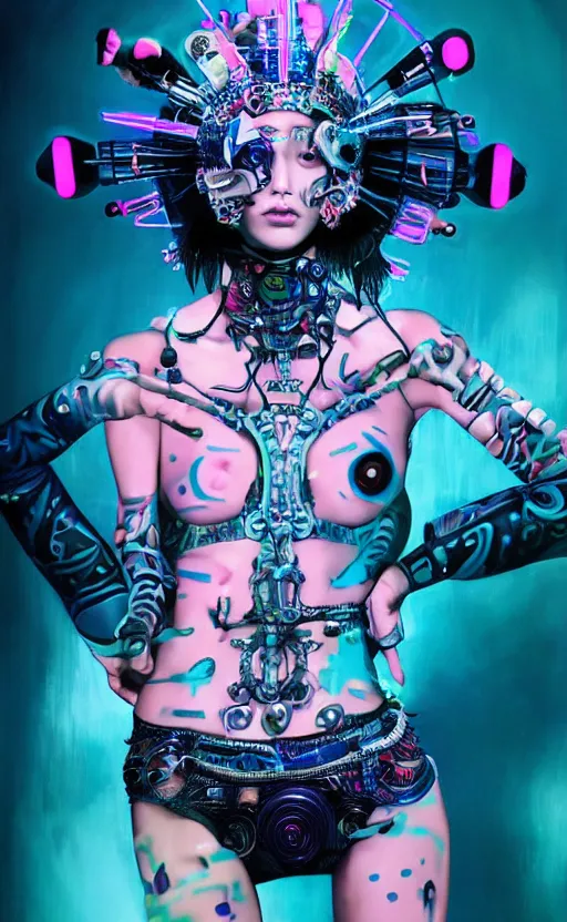 Image similar to hyperrealistic futuristic high fashion photography, girl in studio, full body, glowsticks, lsd, rave, cybernetic parts, asian, vogue magazine, nomad masterpiece, nano parts, neon lights, smoke, eerie music, beautiful intricate face and flawless skin, tribal jewelry, tattoos, perfect hands, head piece, by Edgar Maxence and Ross Tran and Michael Whelan, 8k, octane render