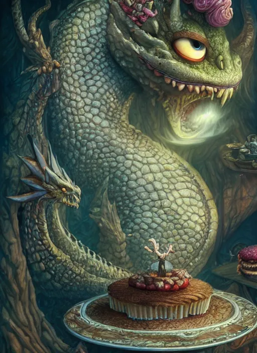 Image similar to highly detailed closeup portrait of a fairytale dragon eating cakes, unreal engine, nicoletta ceccoli, mark ryden, earl norem, lostfish, hyung tae, frank frazetta, global illumination, detailed and intricate environment