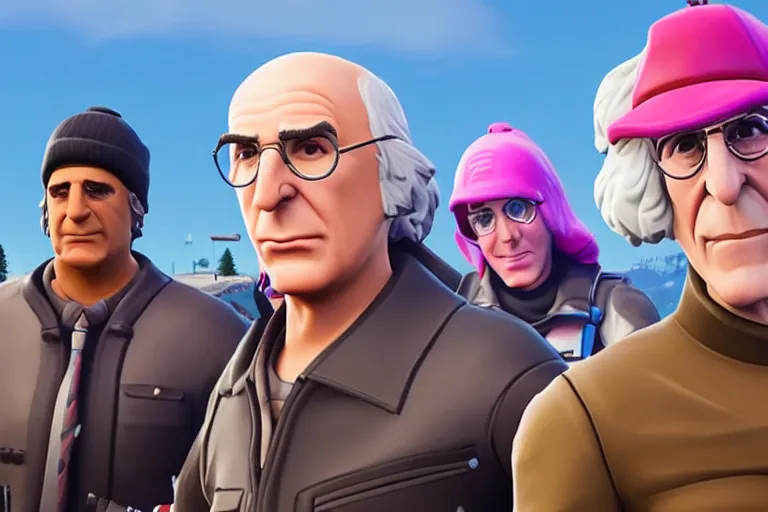 Prompt: a screenshot of a player with a larry david skin in fortnite ( 2 0 1 7 )