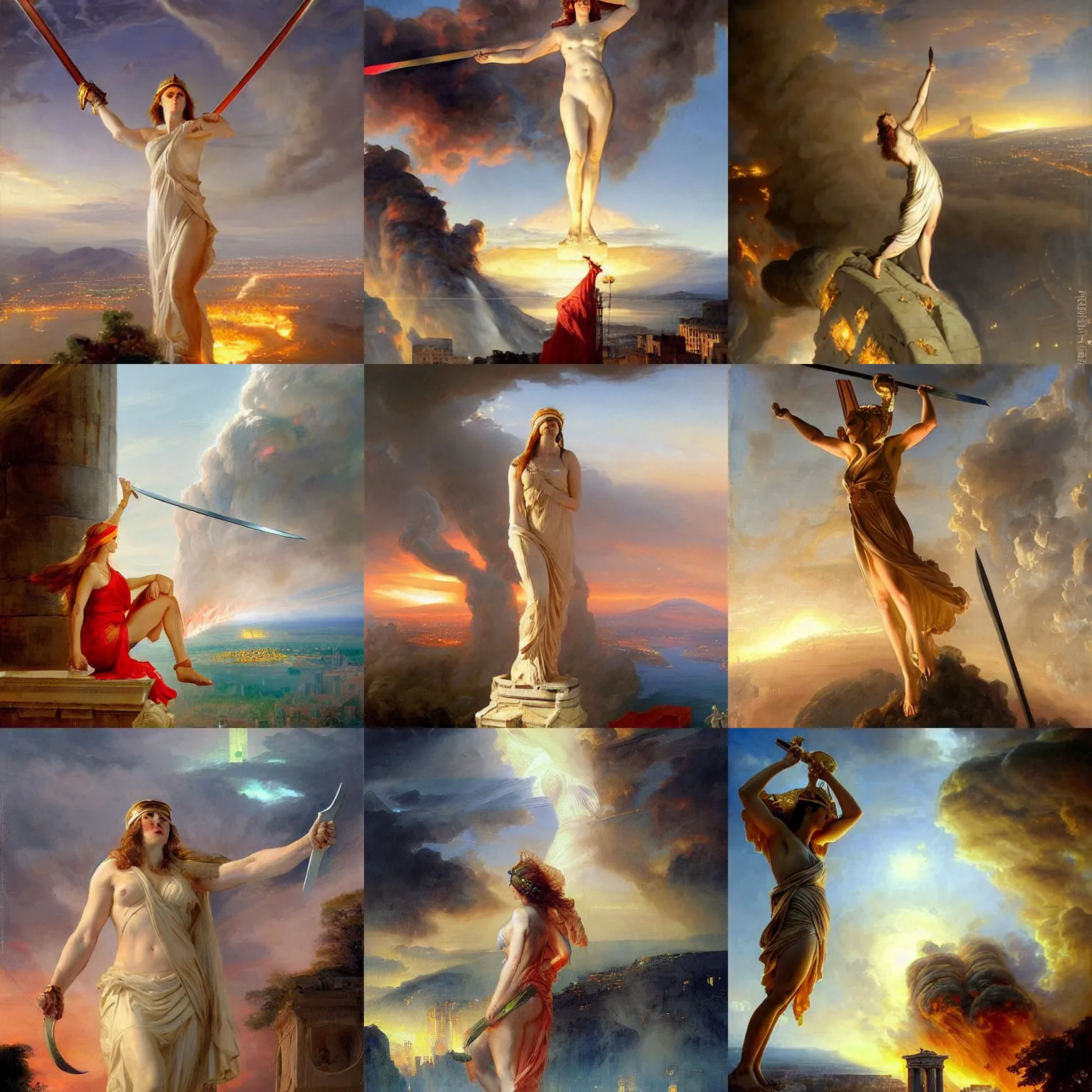 Prompt: low point of view of giant greek titan goddess themis!!!!! blindfolded looming over city on fire, holding scale and raising sword, distant!!!!! view, by vladimir volegov and alexander averin and delphin enjolras and daniel f. gerhartz