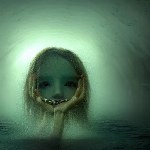 Image similar to sea monster about to eat pov underwater, pale skin, dark yellowish water, foggy water, dark, dramatic,'silent hill ', big eyes, alluring and terrifying, whole body cinematic