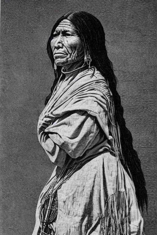 Image similar to “19th century wood engraving of a Native American indian woman, portrait, Nanye-hi Beloved Woman of the Cherokee, wearing a papoose showing pain and sadness on her face, ancient”