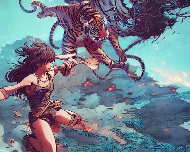 Prompt: a girl fighting a tiger, full shot, ambient lighting, detailed, art by ayami kojima, makoto shinkai, kilian eng