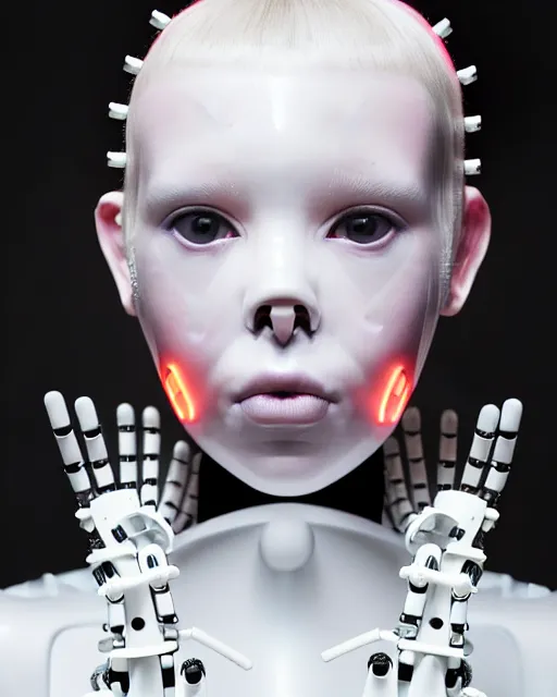 Image similar to symmetrical portrait of a biomechanical cyborg wearing a silicone swarovski studded iridescent beauty mask and neon hair buns, wearing a black bodysuit by alexander mcqueen, cream white background, soft diffused light, biotechnology, humanoid robot, bjork aesthetic, translucent, by rineke dijkstra, intricate details, highly detailed, masterpiece,