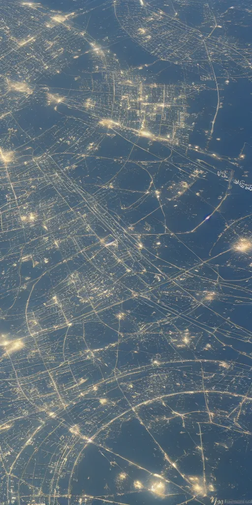 Image similar to concept art, looking from space, the whole earth is covered by the traffic network composed of light, science fiction, future technology, high detail, 8 k.