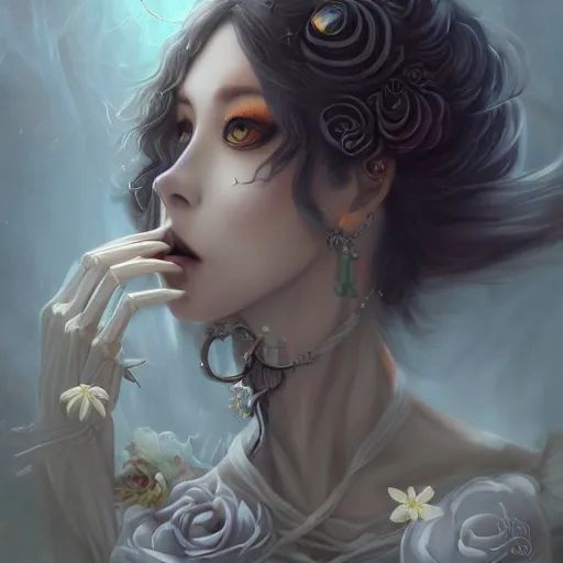 Image similar to Stunning Anime Goddess part skeleton of the floral river flowers, Kissing her king in a dark romance, misty, by cgsociety, in the style of Charlie Bowater, Tom Bagshaw, intricate, beautiful, artstation 8k, high resolution