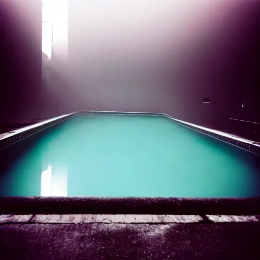 Image similar to Beautiful 2000s phone-camera , soft liminal Photograph inside an infinite infinite foggy public-pool