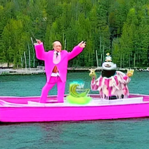 Image similar to ( putin as old gregg ) wearing a pink tutu, on a boat on a lake