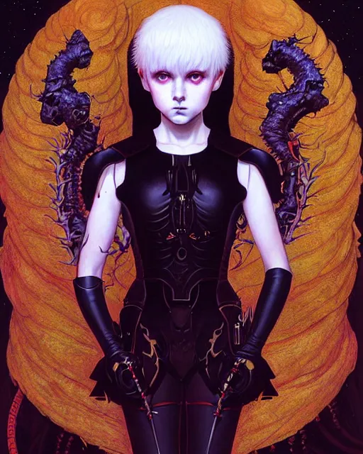 Image similar to portrait of beautiful cute young goth maiden girl with short white hairs in warhammer armor, art by ( ( ( kuvshinov ilya ) ) ) and wayne barlowe and gustav klimt and artgerm and wlop