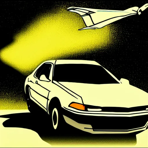 Prompt: a car flying off a cliff, in the style of scanner darkly, cell shaded