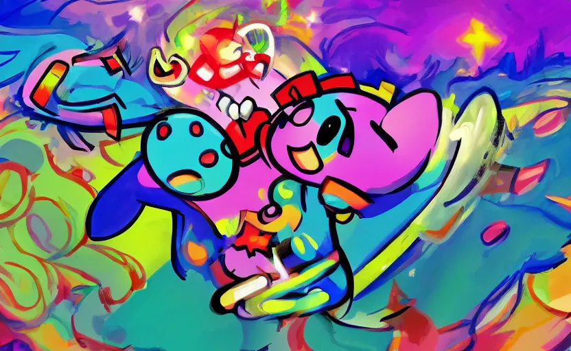Image similar to Kirby dancing, digital painting, expressionistic, intricate detail, meticulous brush strokes, genius composition, masterpiece, work of art, 4k wallpaper