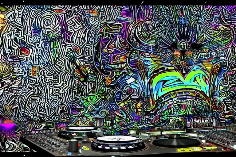 Prompt: a dingo who is a psychedelic music DJ. He is using a 🎹 and a 🎺 and a 🎸, and a computer and apc. There are candles all around. He is tripping on LSD. Highly detailed, Cinematic. Cartoon style. 4k, Realistic, detailed.